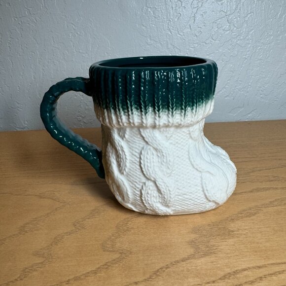 ANTHROPOLOGIE Holiday Christmas White Green Stocking Cocoa Mug NEW WITH TAG - Picture 3 of 5